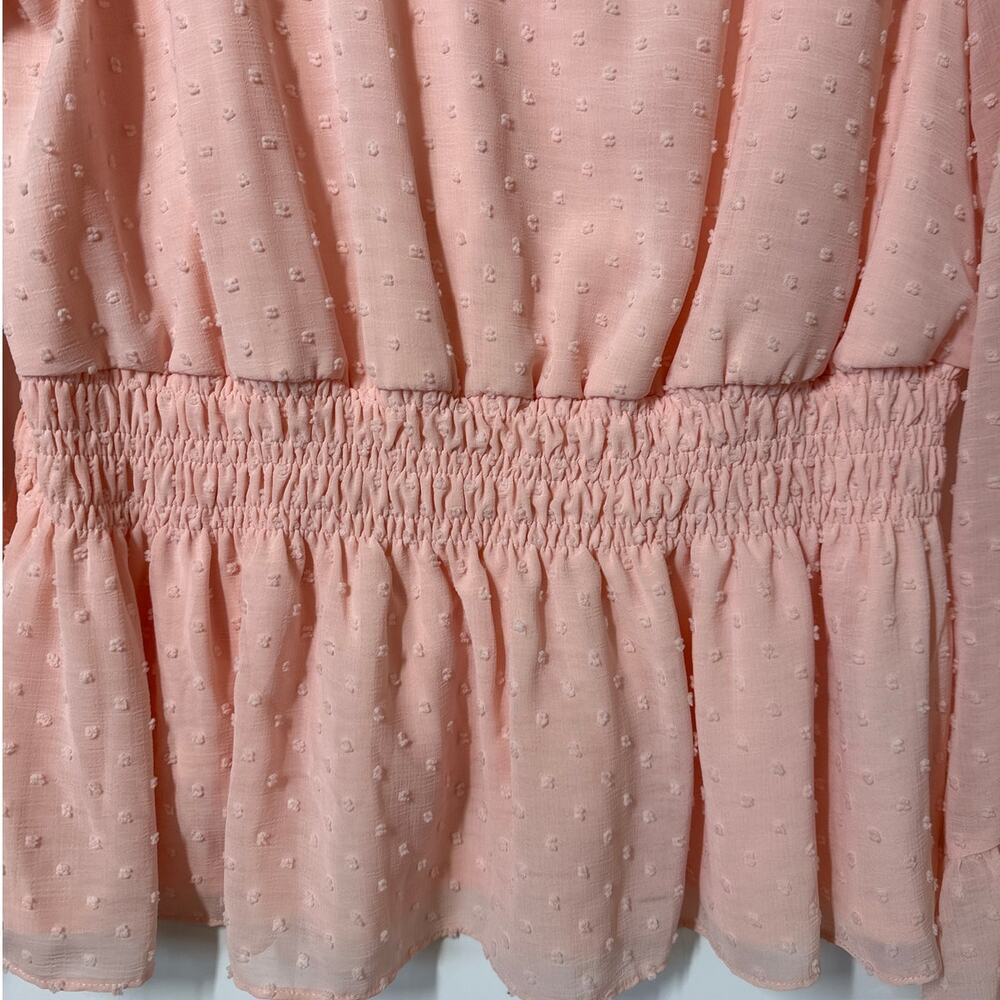 Fever Smocked Waist Long Bell-Sleeve Clip-Dot Blouse Top Pink Sz XL Cottagecore - Picture 3 of 12